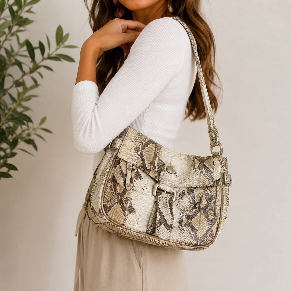 Elliott Lucca Cream Snake Print Shoulder Bag NWT